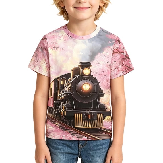 Kiijoy Boys T-Shirt Train Print Graphic Tee Casual Short Sleeve Tshirt, Pink, Sizes 2-15