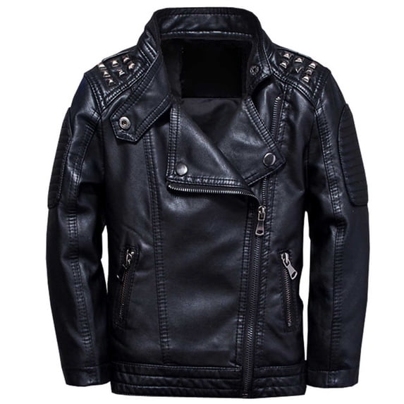 Kiijoy Boys Trendy Pu Leather Jacket Spring Fall Zipper Coat Outerwear, Black, 9-10 Years