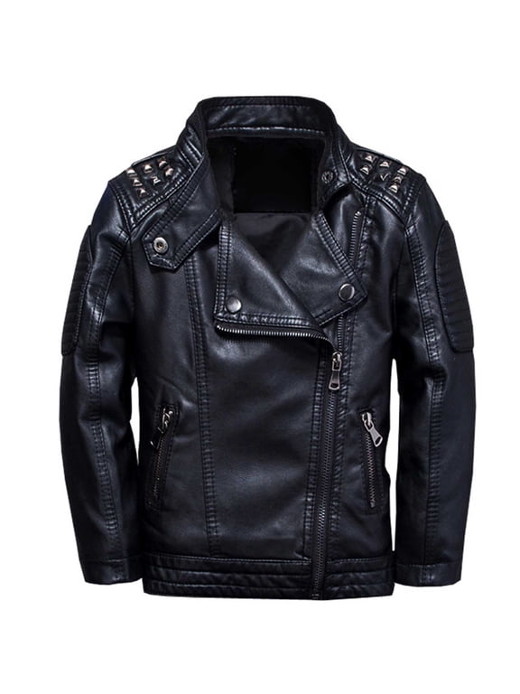 Boys Trendy Pu Leather Jacket Spring Fall Zipper Coat Outerwear, Black, 9-10 Years