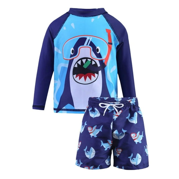 Kiijoy Boys UPF 50  Swimsuit Shark Print Long Sleeve Rash Guard Shorts Bathing Suit, Sizes 3-8