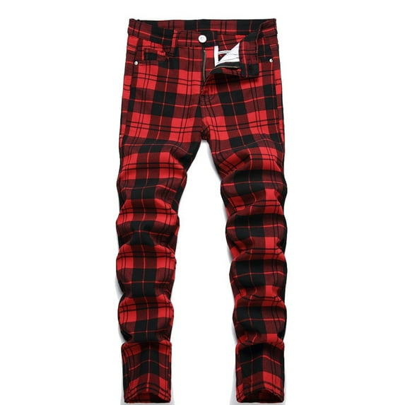 Kiijoy Boys Vintage Skinny Fit Plaid Jeans Casual Straight Leg Denim Pants, Sizes 6-7