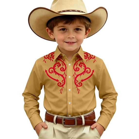 Kiijoy Boys Western Cowboy Shirt Lightweight Long Sleeve Button Down Shirt, Sizes 4-13