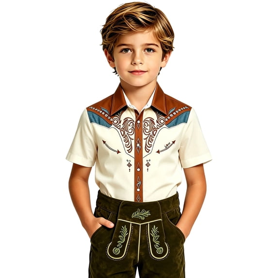 Kiijoy Boys Western Cowboy Shirt Short Sleeve Button Down Shirt Top, Beige, 9-10 Years