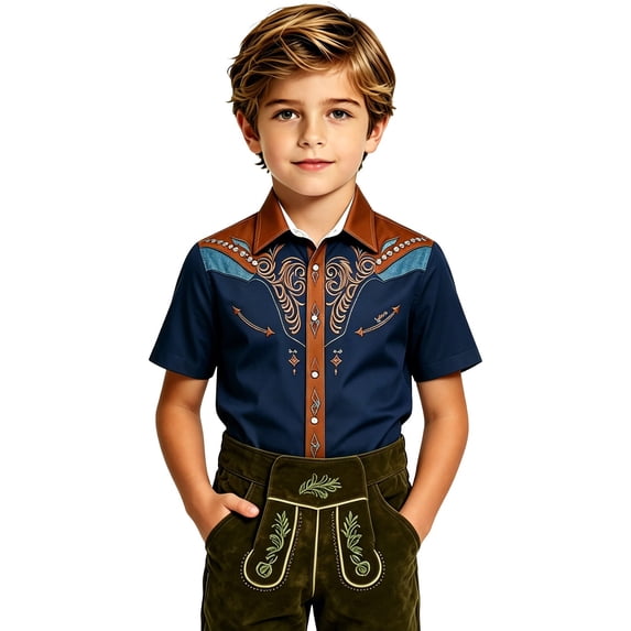 Kiijoy Boys Western Cowboy Shirt Short Sleeve Button Down Shirt Top, Navy, 11-12 Years