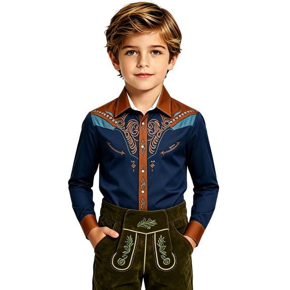 Kiijoy Boys Western Long Sleeve Cowboy Shirt Lightweight Button Front Shirt, Navy, 11-12 Years