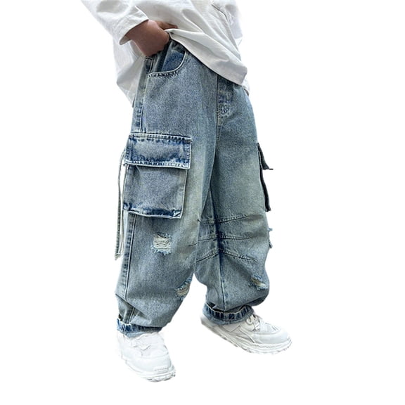 Kiijoy Boys Wide Leg Lined Jeans Fashion Winter Warm Denim Cargo Pants, Sizes 4-5