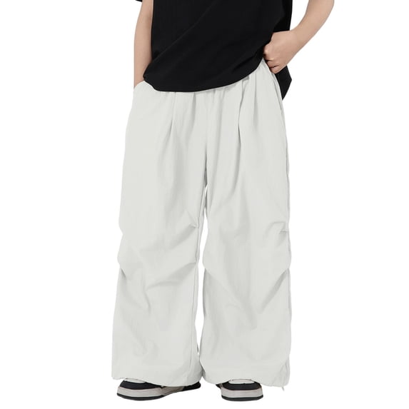 Kiijoy Boys Wide Leg Pants Casual Lightweight Elastic Waist Baggy Trousers, White, Sizes 12-13