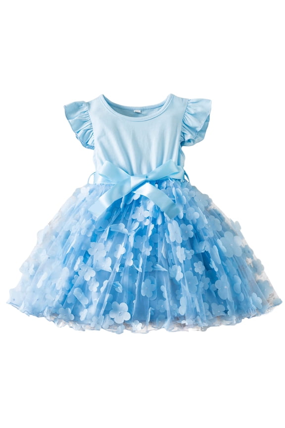 Child Girls Flutter Sleeve Tutu Dress Solid Ribbed Party Pageant Dress, Sizes 1-6