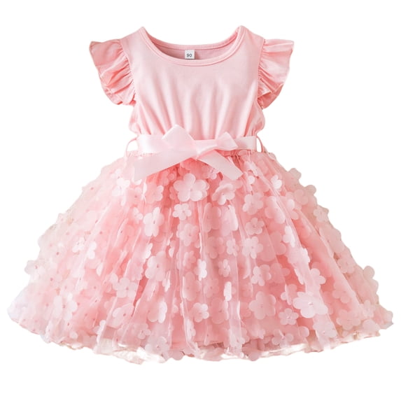 Kiijoy Child Girls Flutter Sleeve Tutu Dress Solid Ribbed Party Pageant Dress, Sizes 1-6