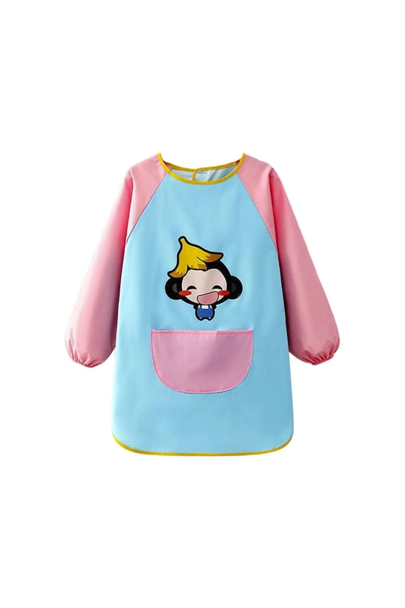 Children's Art Smock Cute Cartoon Long Sleeve Painting Apron with Pocket, Sizes 5-8