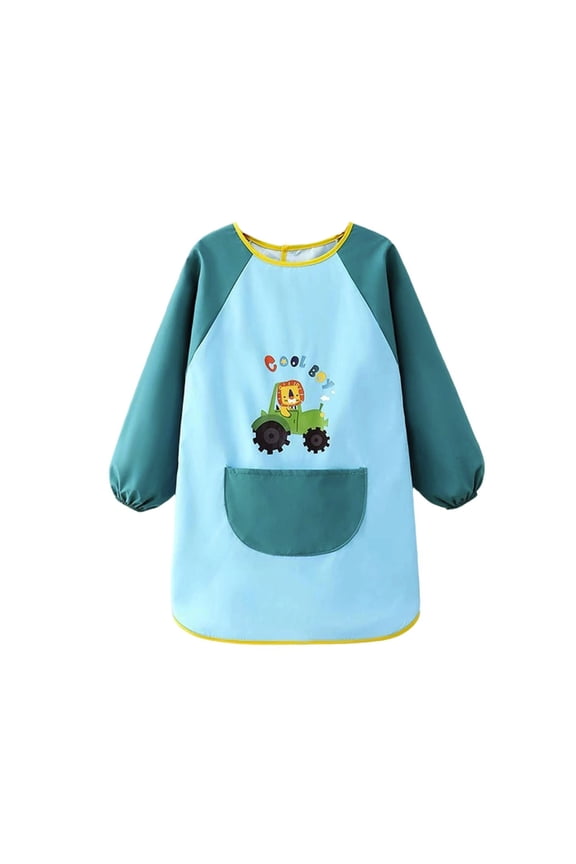 Children's Art Smock Cute Cartoon Long Sleeve Painting Apron with Pocket, Sizes 5-8