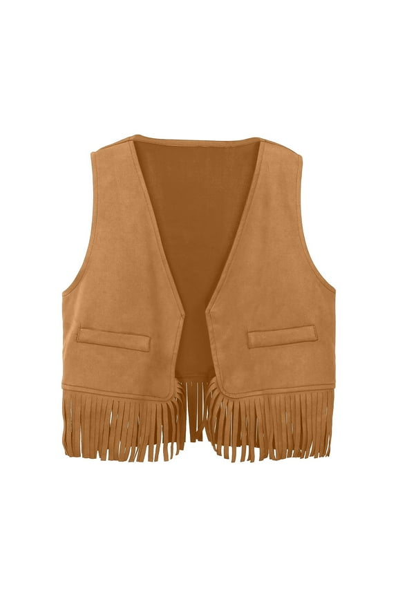 Children's Cowboy Fringe Vest Vintage Solid Sleeveless Dress Up Waistcoat, Sizes 3-12