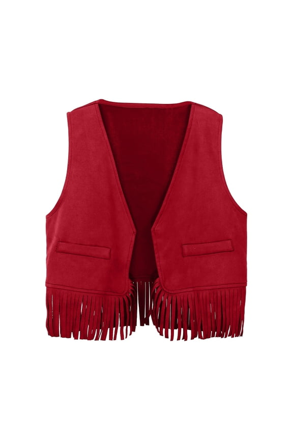 Children's Cowboy Fringe Vest Vintage Solid Sleeveless Dress Up Waistcoat, Sizes 3-12