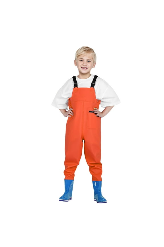 Children's Waterproof Waders Sleeveless Overalls with Boots Pocket, Sizes 2-15
