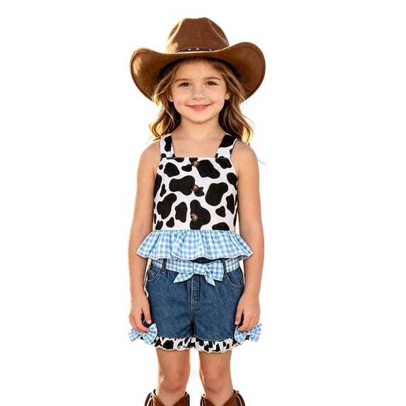 Kiijoy Cowgirl Outfits for Girls Cow Print Ruffle Tank Top Bow Denim Shorts Clothes Set