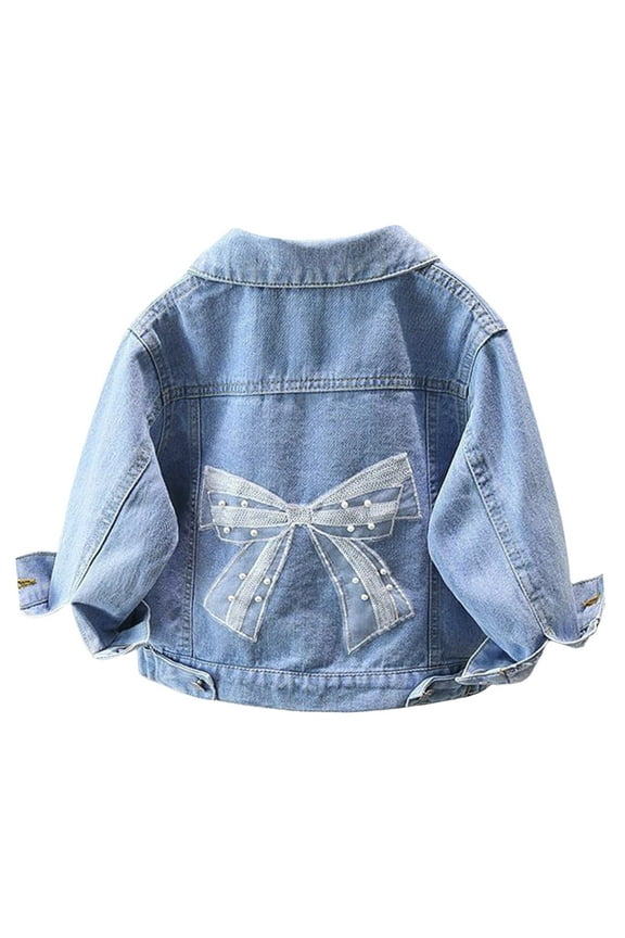 Denim Jacket for Girls Lace Bow Long Sleeve Button Down Shirt Coat, Sizes 3-4