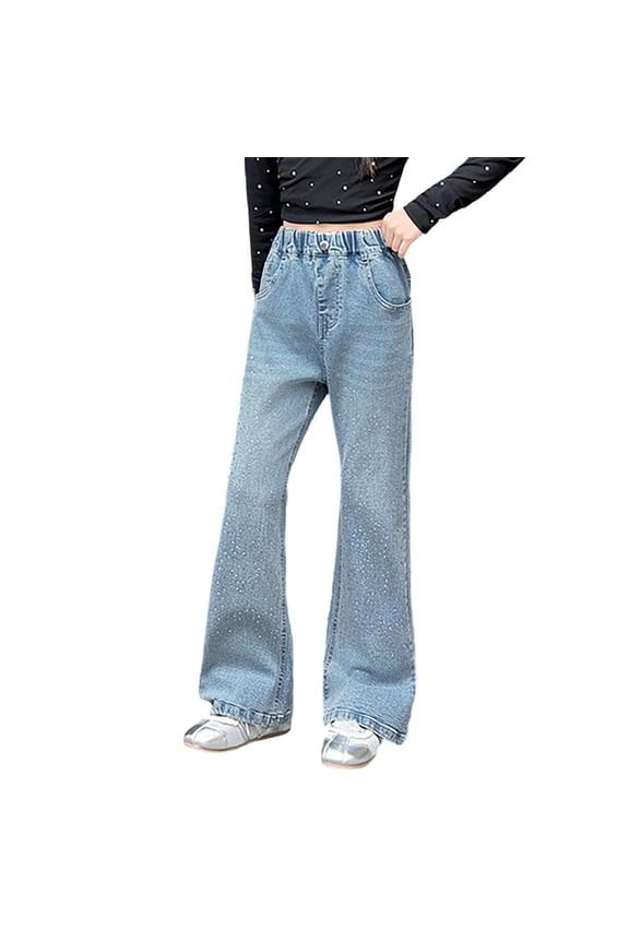 Denim Pants for Girls Shiny Rhinestone Pull-On Bootcut Jeans Trousers, Sizes 5-14