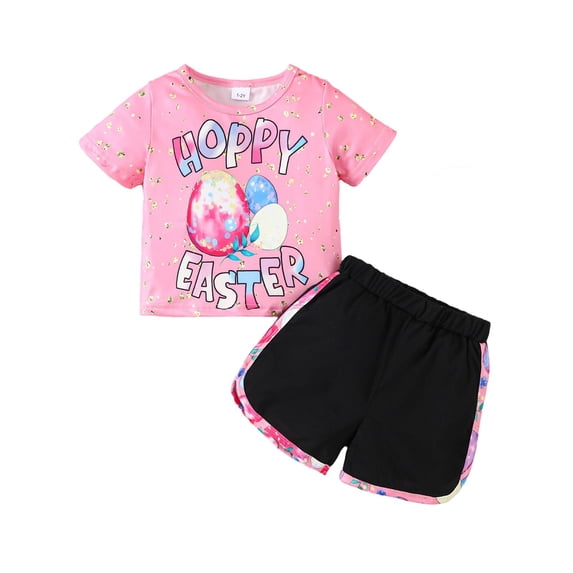 Kiijoy Easter Outfits for Girls Casual Sports Short Sleeve T Shirt Shorts Set, Sizes 2-5T