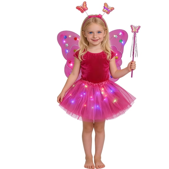 Kiijoy Fairy Co_stume for Girls Led Tutu Skirt Butterfly Wings Wand Headband 4Pcs Outfits