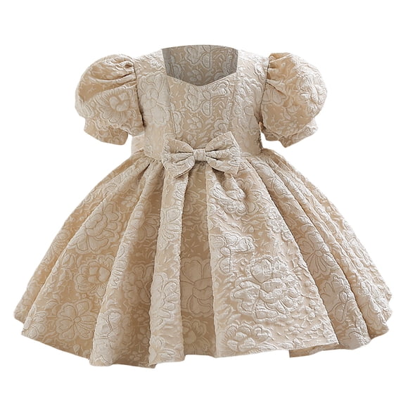 Kiijoy Flower Girl Dress Jacquard Puff Sleeve Wedding Party Dress Birthday Princess Gown, Sizes 2-3