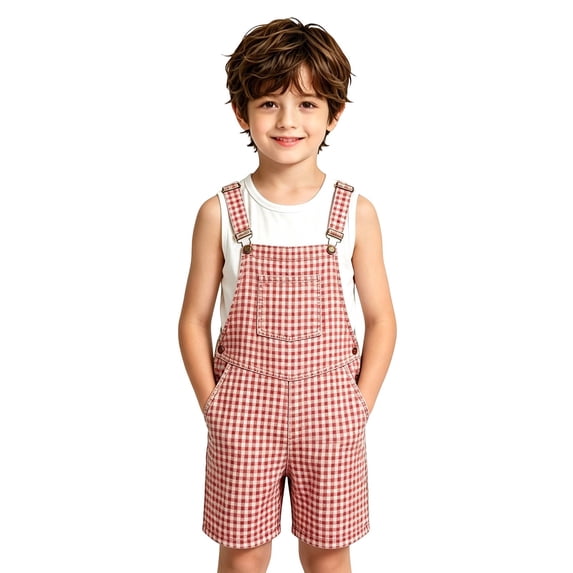 Kiijoy Girl Checkered Overalls Shorts Summer Casual Gingham Sleeveless Romper, Red, Sizes 6-7