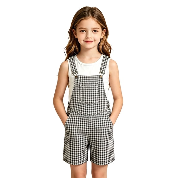 Kiijoy Girl Checkered Overalls Shorts Summer Casual Gingham Sleeveless Romper, Sizes 10-11