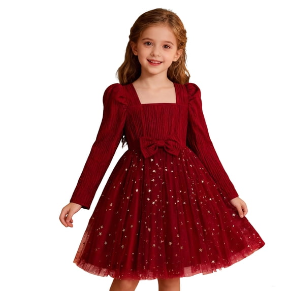 Kiijoy Girl Glitter Tutu Dress Casual Party Square Neck Long Sleeve Dress, Size 2-7