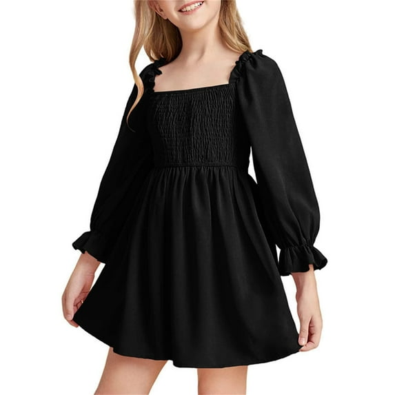 Kiijoy Girl Long Sleeve Square Neck Smocked Dress Solid Color High Waist Dress, Sizes 1-11