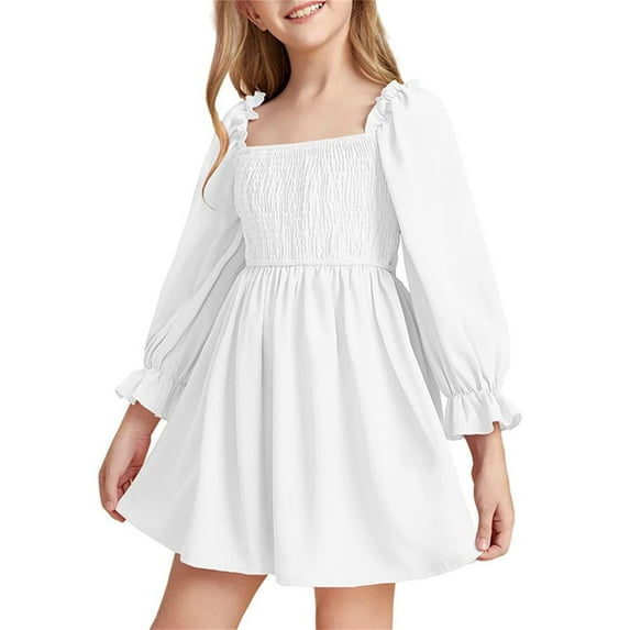 Kiijoy Girl Long Sleeve Square Neck Smocked Dress Solid Color High Waist Dress, Sizes 1-11