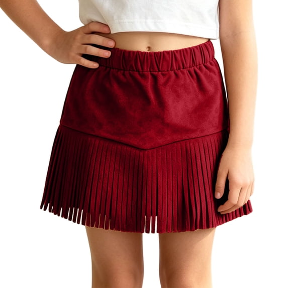 Kiijoy Girl'S Western Tassel Skirt Cowgirl Solid Color High Waist Skirt, Size 5-14