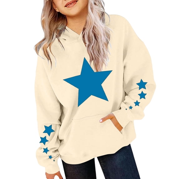 Kiijoy Girl's Hoodie Star Print Lined Loose Pullover Sweatshirt, Beige, Sizes 2-13