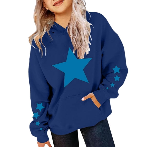 Kiijoy Girl's Hoodie Star Print Lined Loose Pullover Sweatshirt, Blue, Sizes 2-13