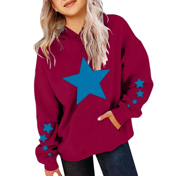 Kiijoy Girl's Hoodie Star Print Lined Loose Pullover Sweatshirt, Red, Sizes 2-13