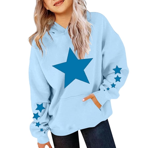 Kiijoy Girl's Hoodie Star Print Lined Loose Pullover Sweatshirt, Sizes 2-13