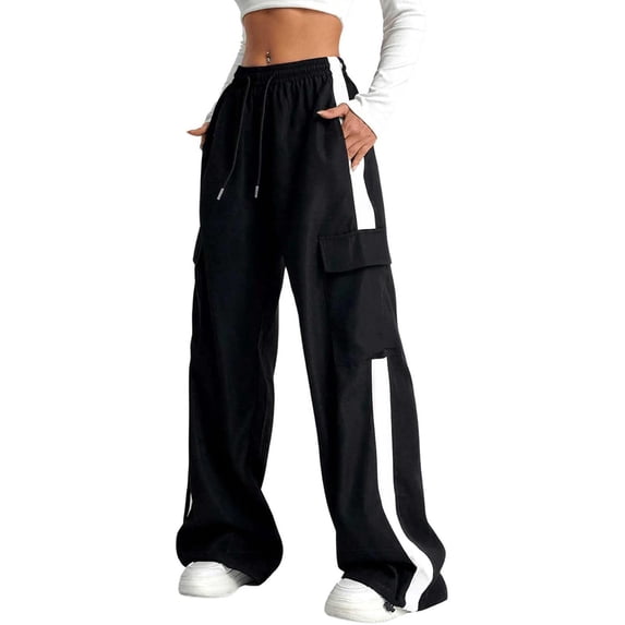 Kiijoy Girl's Track Pants Athletic High Rise Cargo Pants Baggy Sweatpants, Black, Sizes 5-6
