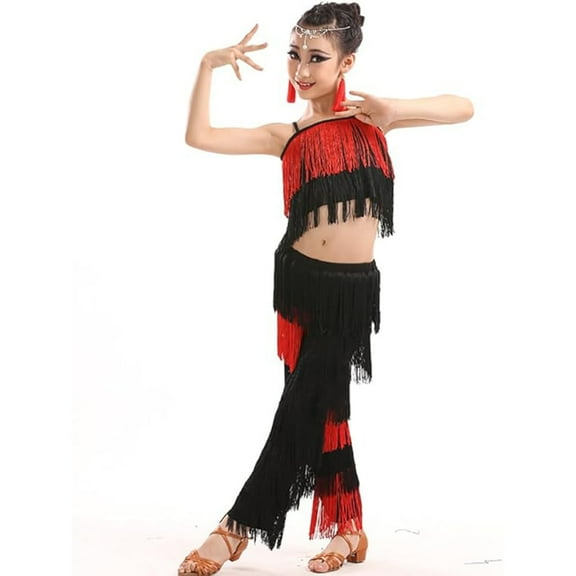 Kiijoy Girls 2 Piece Latin Ballroom Dance Outfits Tassel Camisole Fringe Pants Modern Dancewear