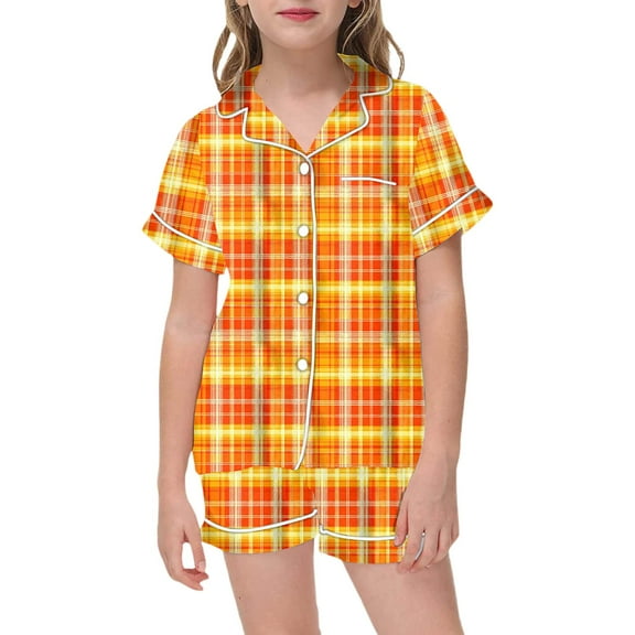 Kiijoy Girls 2-Piece Pajama Set Checkered Button Down Shirt Shorts Nightwear, Sizes 2-3T