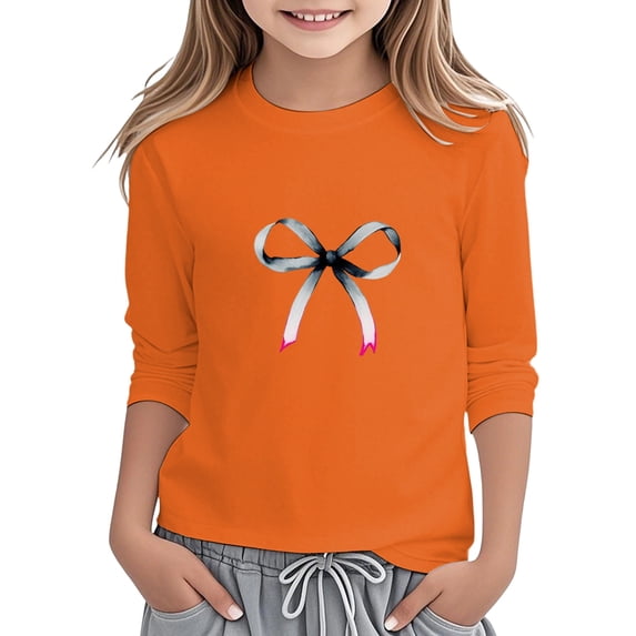 Kiijoy Girls 3/4 Sleeve T Shirt Bow Print Round Neck T-Shirt for Kids, Sizes 10-11