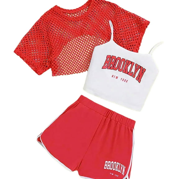 Kiijoy Girls 3 Piece Letter Print Camisole and Shorts with Crop Top Outfit Set, Sizes 5-6