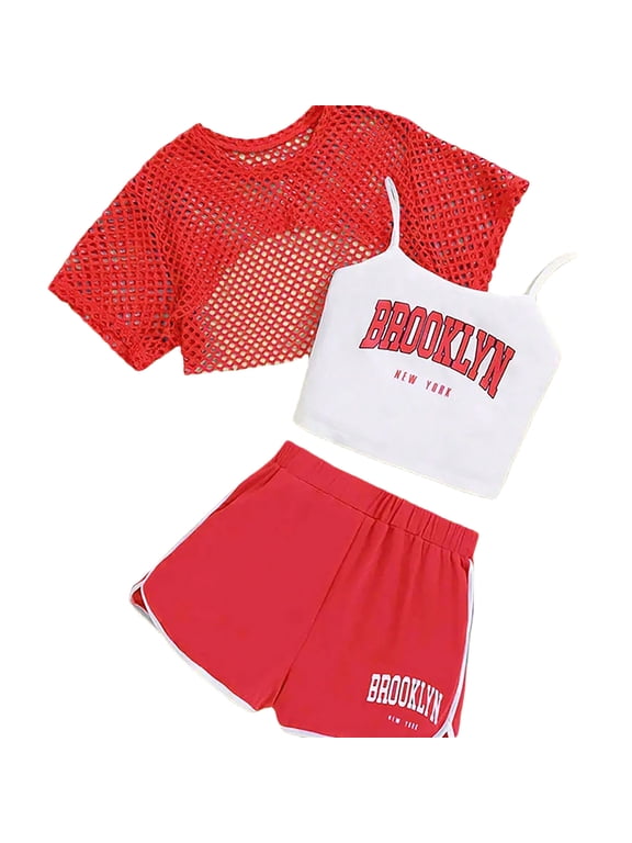 Girls 3 Piece Letter Print Camisole and Shorts with Crop Top Outfit Set, Sizes 5-6