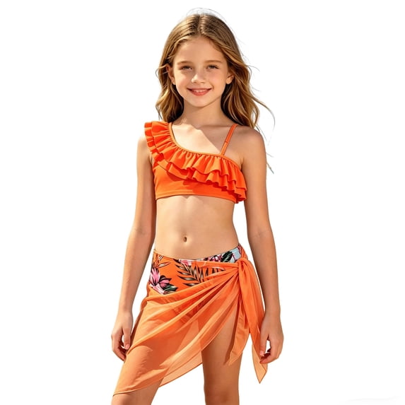 Kiijoy Girls 3 Piece Swimsuit Ruffle Bikini Set Cover Up Skirt Bathing Suit, Sizes 5-12