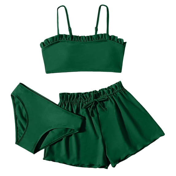 Kiijoy Girls 3-Piece Swimsuit Ruffle Bikini Set with Shorts Beach Bathing Suit, Sizes 8-16