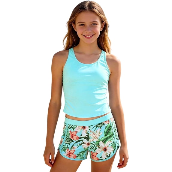Kiijoy Girls 3-Piece Tankini Swimsuit with Boyshorts UPF 50+ Bathing Suits, Sizes 7-16