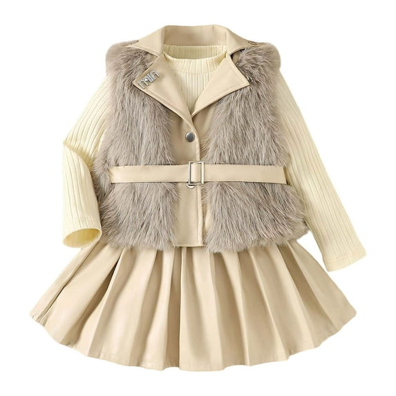 Kiijoy Girls 3Pcs Outfits Ribbed Knit Long Sleeve Top Leather Pleated Skirt Vest Set, Sizes 2-3