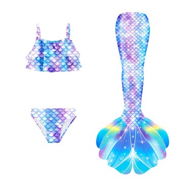 Kids Mermaid Swimsuit 3-Piece Set - Scale Print Bikini With Ruffle Top & Fish Tail