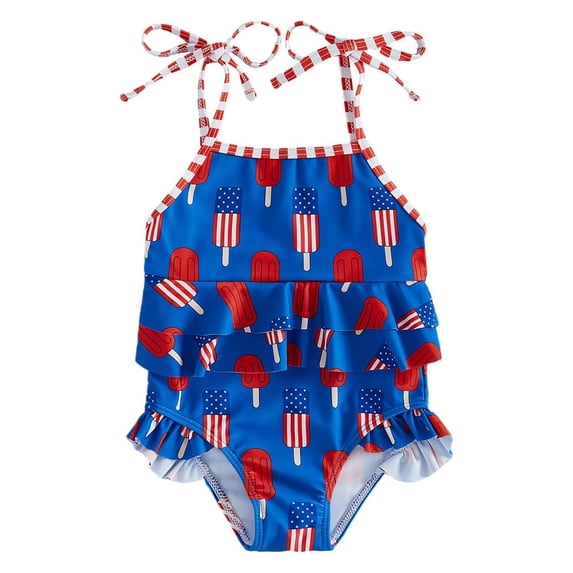Kiijoy Girls 4Th of July One-Piece Swimsuit Ruffle Tie-Shoulder Bathing Suit, Sizes 3M-3T