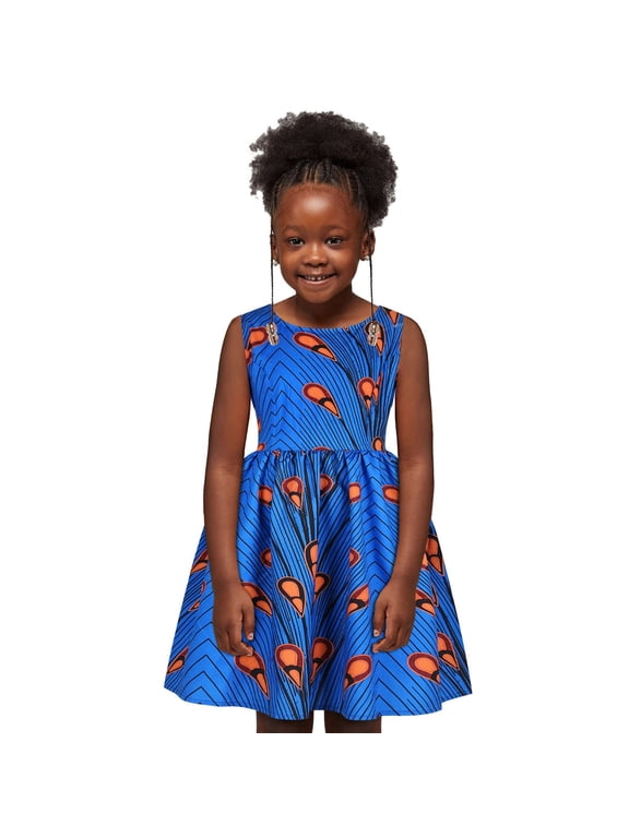 Girls African Dashiki Traditional Dress Sleeveless Ankara Dresses, Blue, Size 1-6