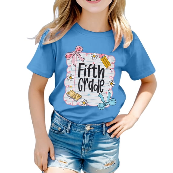 Kiijoy Girls Back To School T Shirt Cute Graphic Short Sleeve T-Shirt, Blue, Sizes 8-9