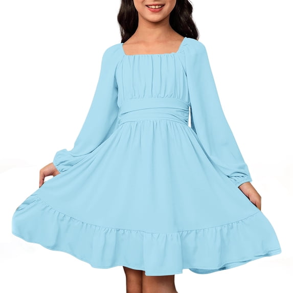 Kiijoy Girls Backless Long Sleeve Dress Solid Square Neck Ruffle Dress, Sizes 6-15
