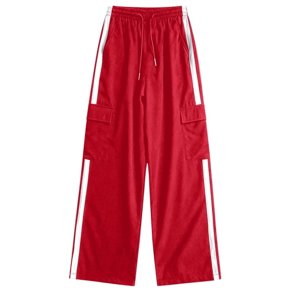 Kiijoy Girls Baggy Straight Cargo Pants Elastic Waist Drawstring Sports Pants, Sizes 5-16
